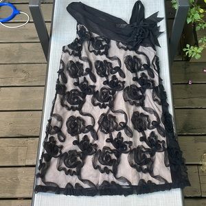 Vintage Style Evening Dress Black & Beige Rose Flower Netting Off Shoulder